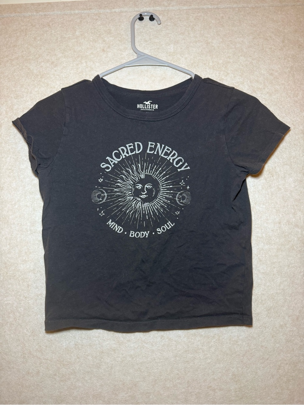 Hollister Y2K Dark Gray Crop Top Short Sleeve Celestial Sacred Energy Size XS